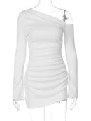 Dulzura ombro inclinado manga longa ruched magro irregular mini vestido feminino sólido sexy vestido casual festa clube roupas de outono