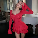 mini vestido plissado hem com decote em v assimétrico botões manga longa vestido curto festa streetwear outfits